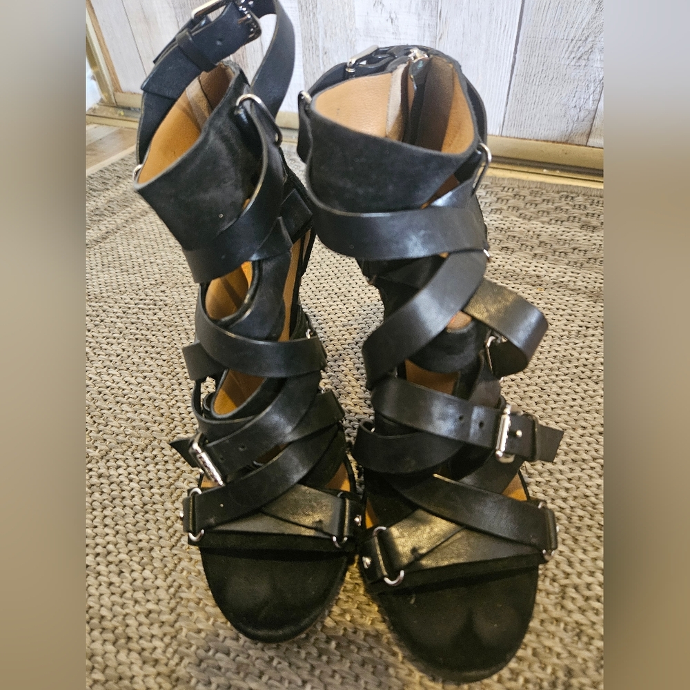 Michael Kors Leonia Booties, 7.5M, Black Leather, 4, 1/8" heel Strappy